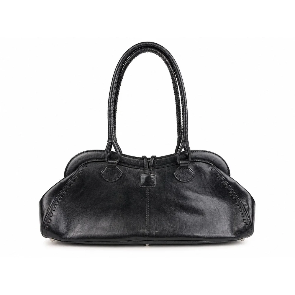 Maxx New York Vintage Boho Y2K Black Leather Braided Handle Shoulder Bag